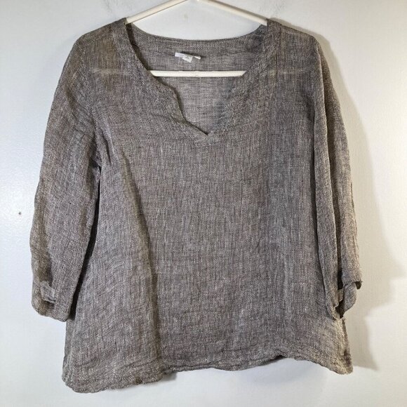 Womens Purejill Linen Top V Neck 3/4/Sleeve Marled Brown XS Open Weave Linen - Picture 1 of 8